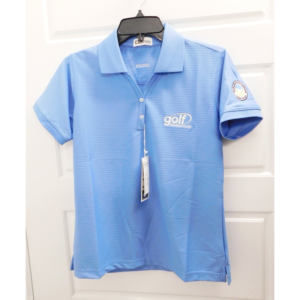 Lady Divots Dri-Way Women Sky Blue Striped Golf Polo Shirt Audubon sz S NWT